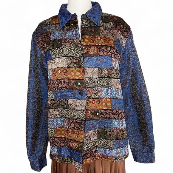 Coldwater Creek Jackets & Blazers - VINTAGE Y2K Boho Brocade Patchwork Silk Tapestry Jacket Whimsigoth Art Wear Sz L